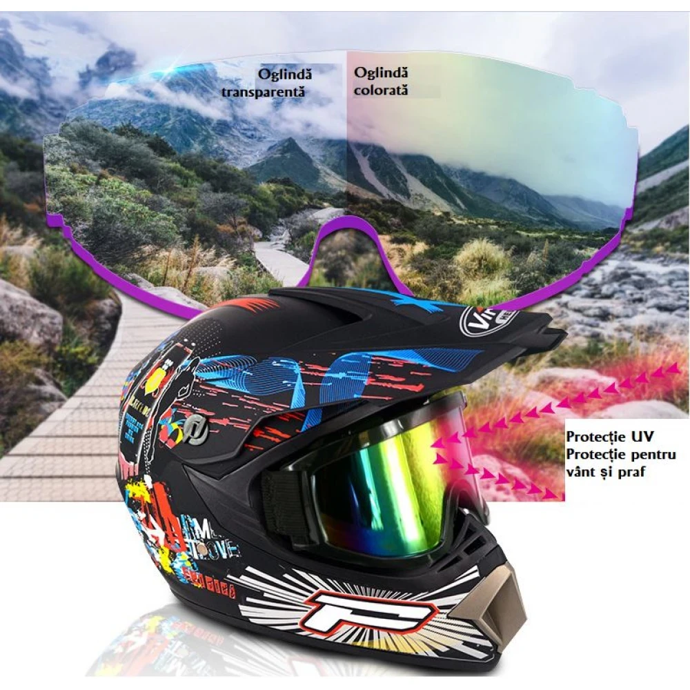 Set Cască Cross Rebel MX cu Mănuși, Ochelari, Cagulă pentru Motociclete, Enduro, Atv, Bicicletă- Flytec™